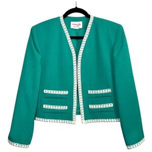 Vintage Henry Lee Teal Blazer M/L White Trim Open Front Chanel Style Retro